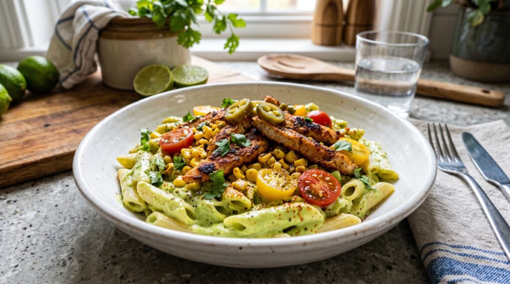 A vibrant, beautiful Cajun chicken pasta with avocado cream sauce in a wide white bowl