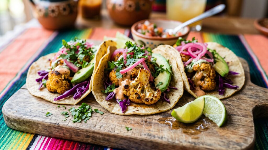 Beautiful cauliflower tacos on a wooden board