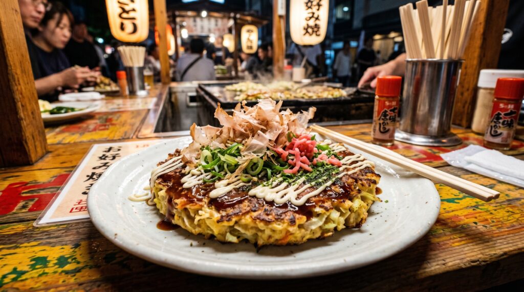 A spectacular okonomiyaki Japanese savory cabbage pancake on a white plate