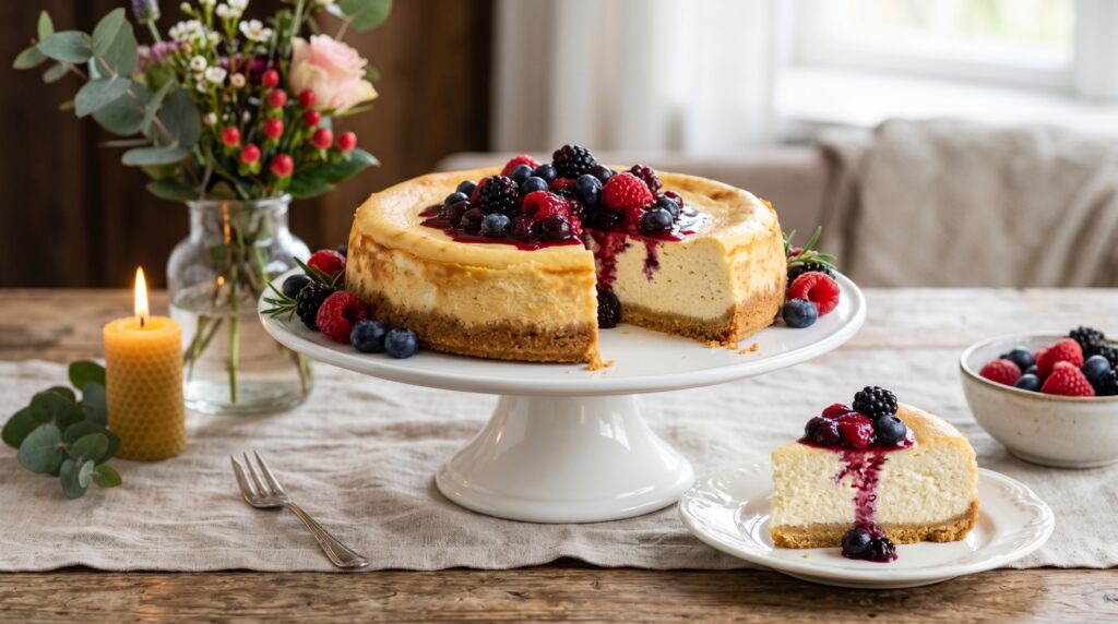 A beautiful, golden cottage cheese cheesecake on a white cake stand