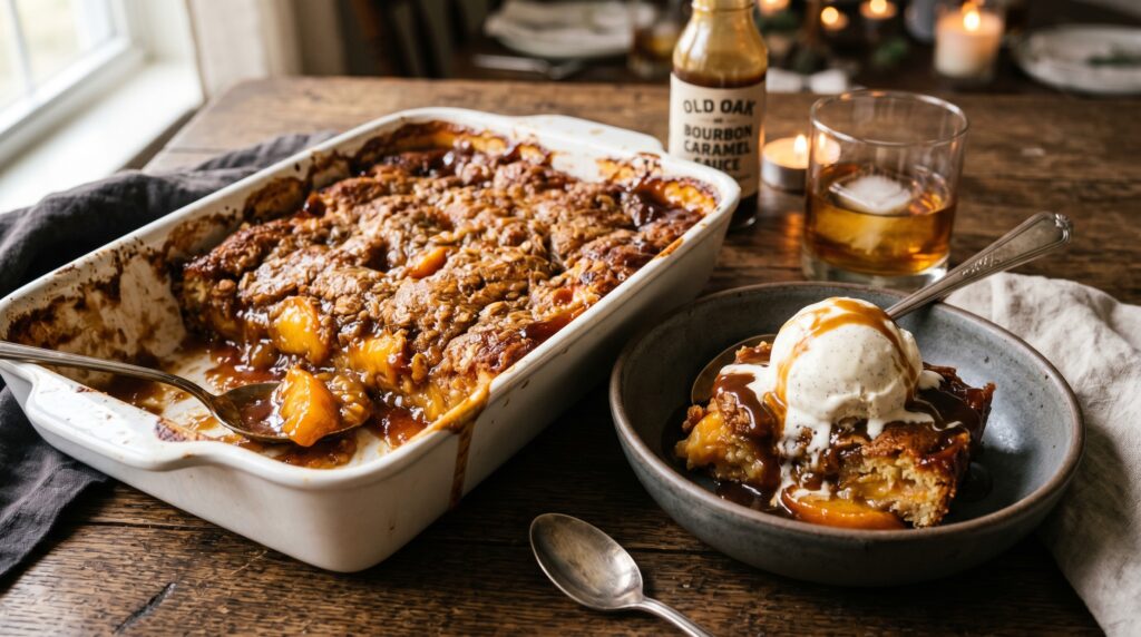 A sophisticated, deep golden peach bourbon dump cake in a white baking dish