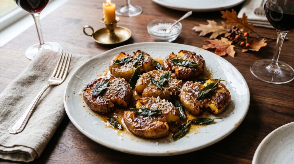 Elegant brown butter and sage smashed potatoes on a white ceramic plate