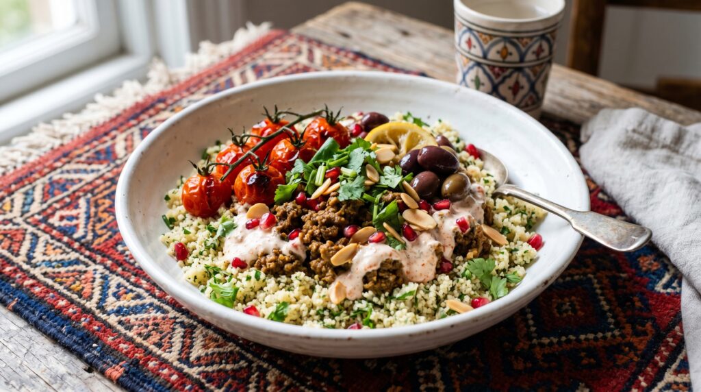 A fragrant, exotic Moroccan spiced lamb bowl in a wide white bowl