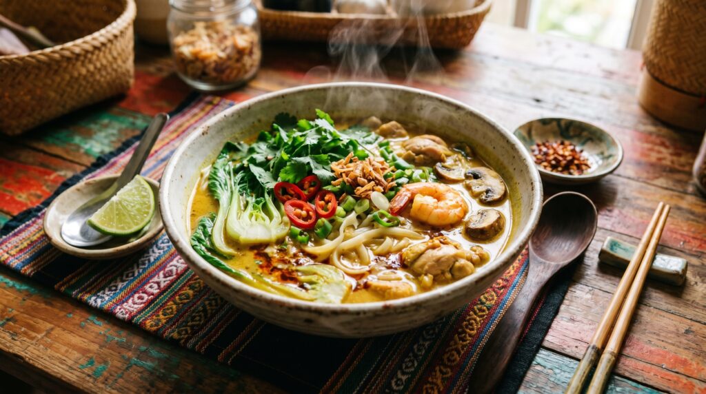 A fragrant, steaming one-pot Thai coconut noodle soup in a wide bowl