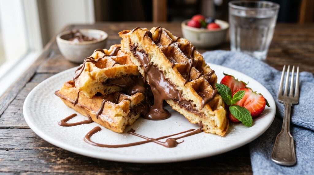 Spectacular Nutella-stuffed waffles on a white plate