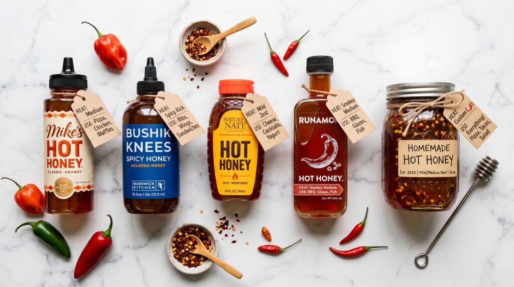 A clean, organized flat-lay on a white marble surface showing the most respected hot honey brands alongside a jar of homemade hot honey