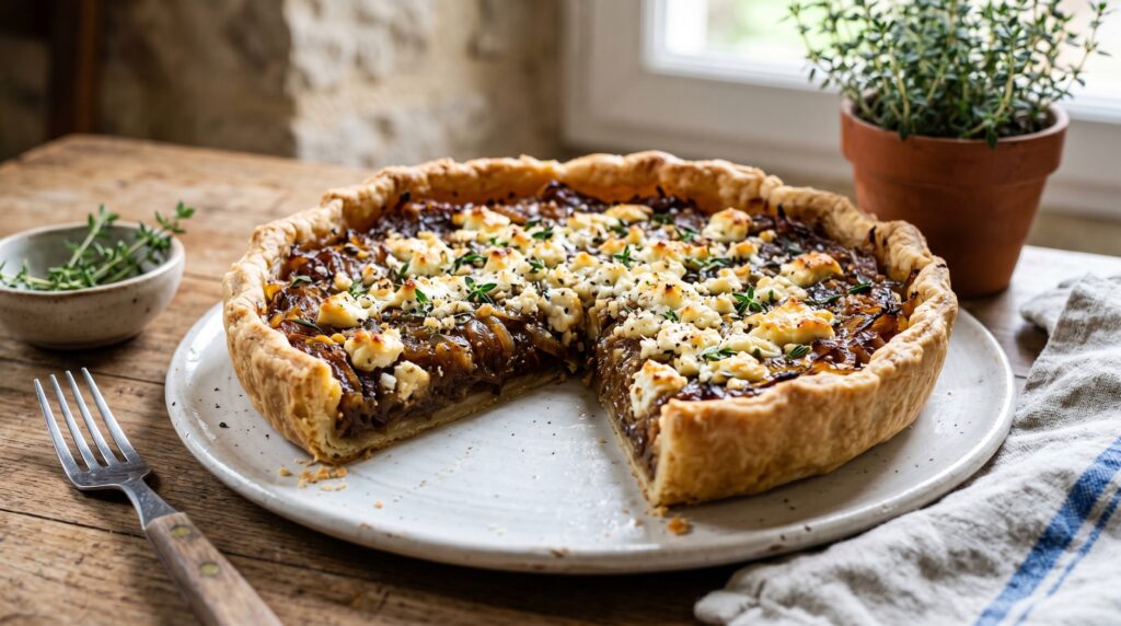 A stunning caramelized onion and goat cheese tart on a white serving plate