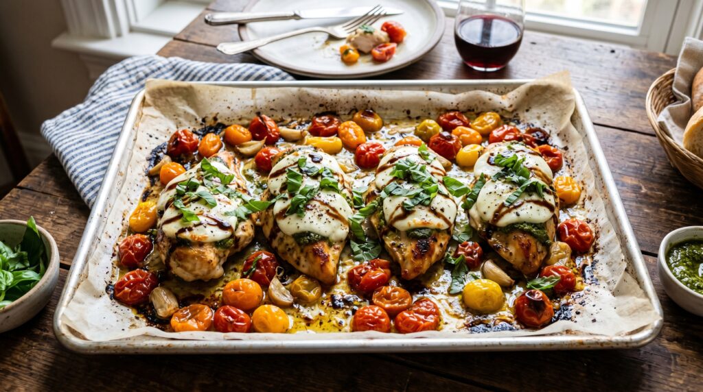 A beautiful, elegant sheet pan Caprese chicken on a white lined baking tray