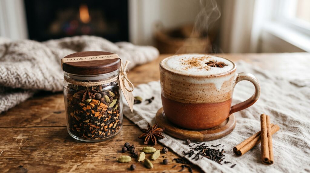 A fragrant chai spice blend in a small glass jar on a warm