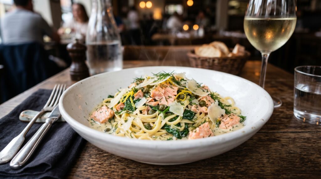 An elegant salmon and spinach cream pasta in a wide white bowl