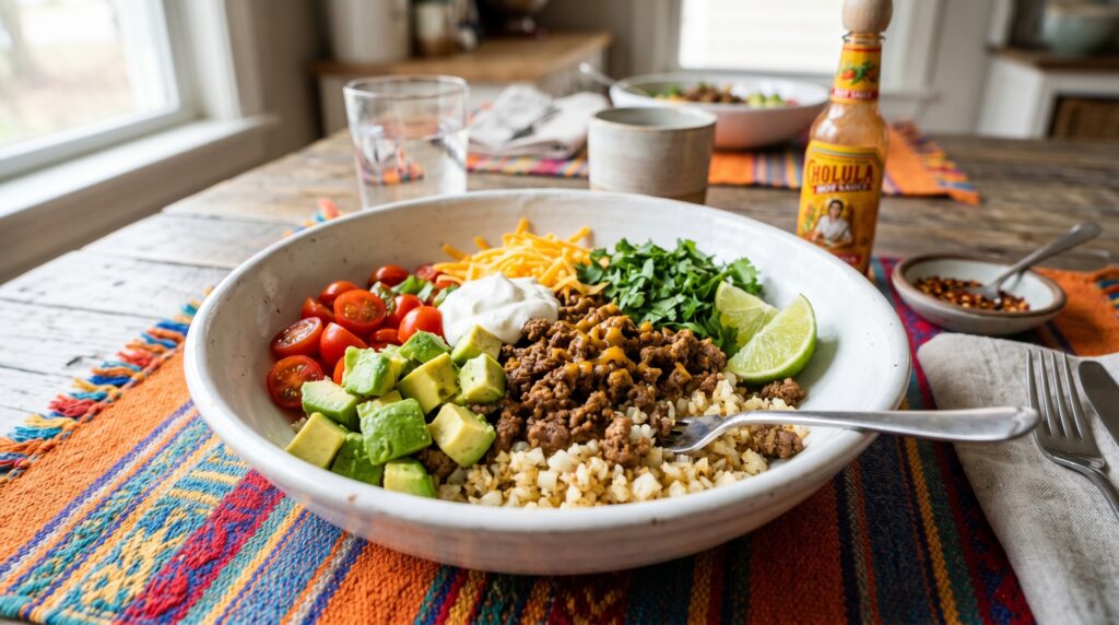 A vibrant keto breakfast burrito bowl in a wide white bowl