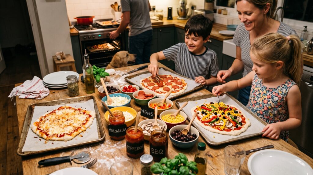 A family-style homemade pizza dinner setup on a kitchen island