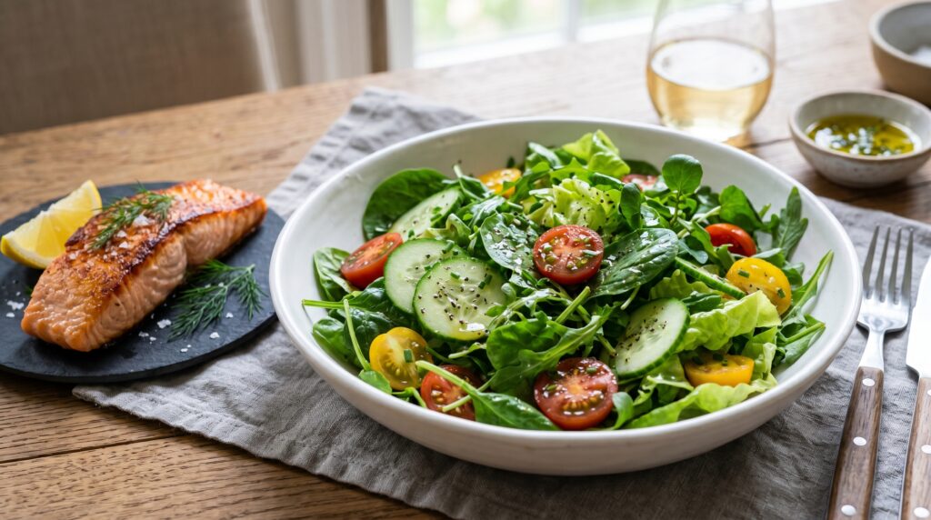 A perfect, fresh simple green salad in a wide white bowl