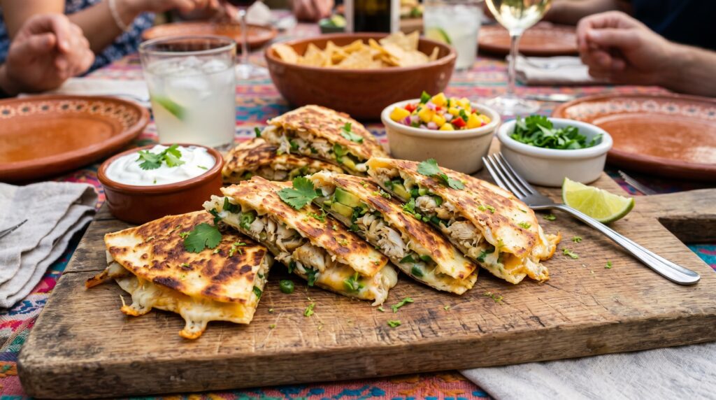 Golden, crispy crab quesadillas on a wooden board