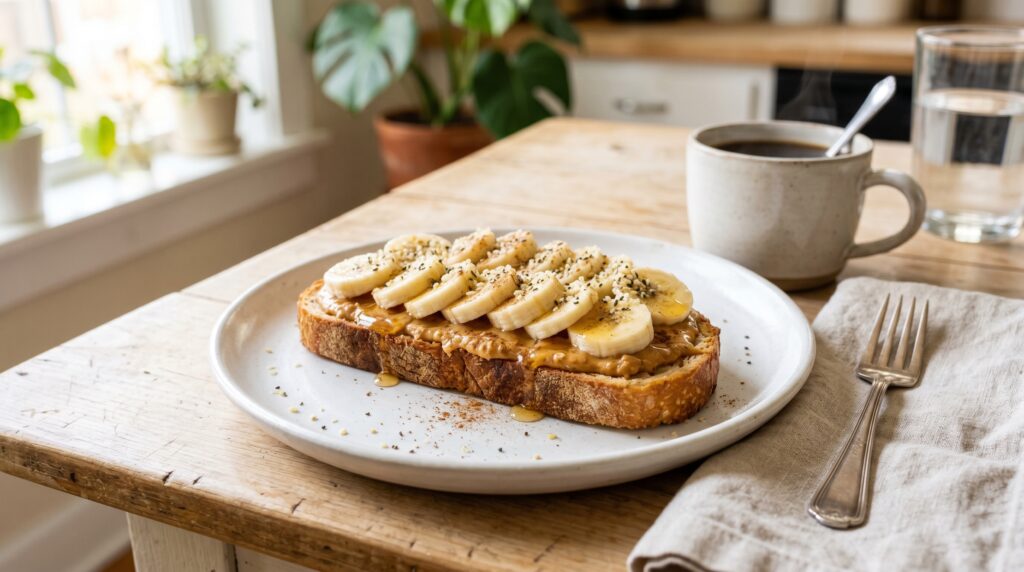 A beautifully presented peanut butter banana toast on a white plate