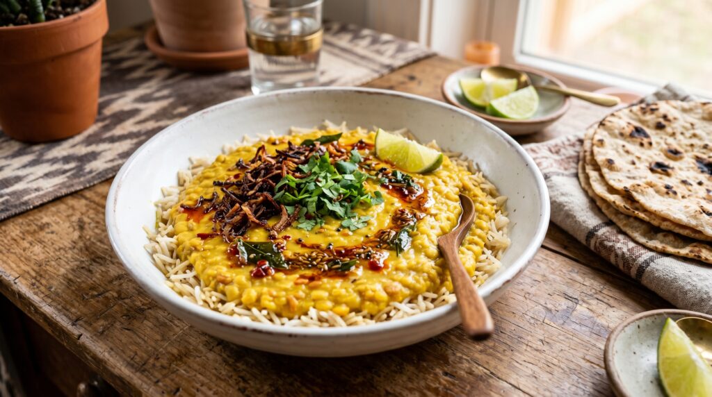 A nourishing, golden lentil dal in a wide white bowl over basmati rice