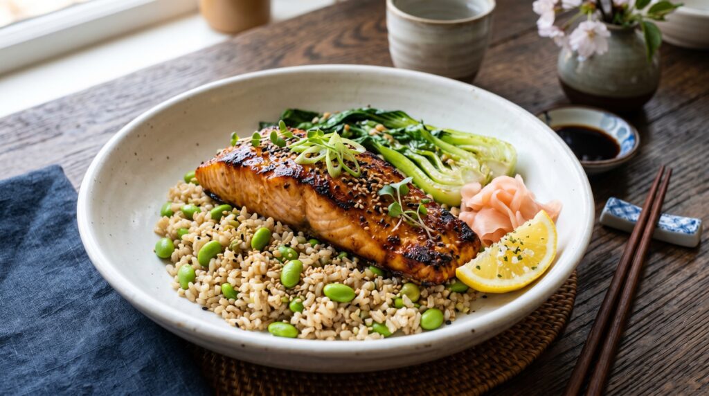An elegant, sophisticated miso salmon in a wide white bowl over edamame and brown rice