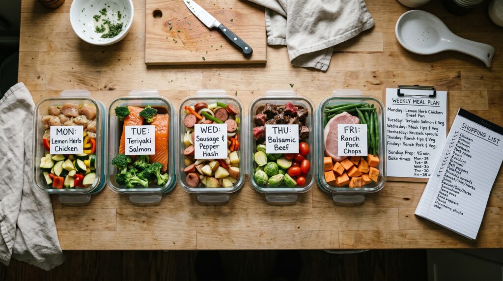 A practical meal prep flat-lay showing five sheet pan dinners prepped and ready
