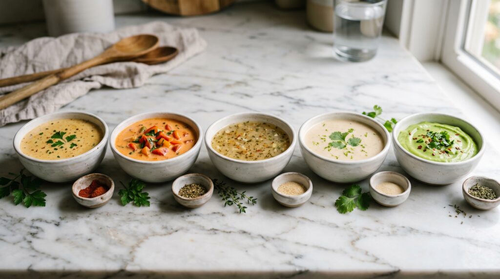 Five small white ceramic bowls arranged on a white marble surface, each containing a different Cajun chicken pasta sauce