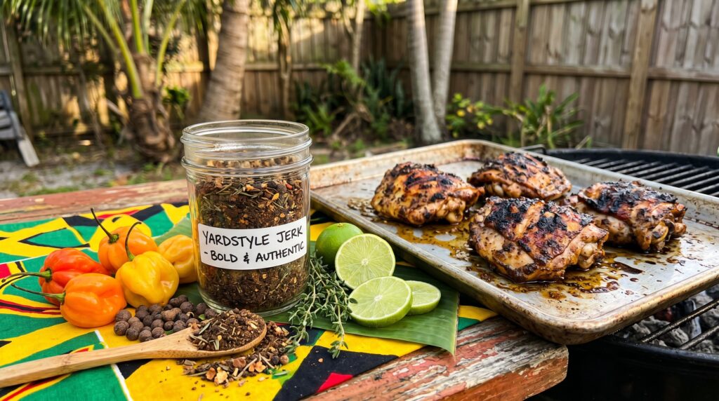 A bold, dark jerk seasoning blend in a small jar on a vibrant Jamaican-inspired surface
