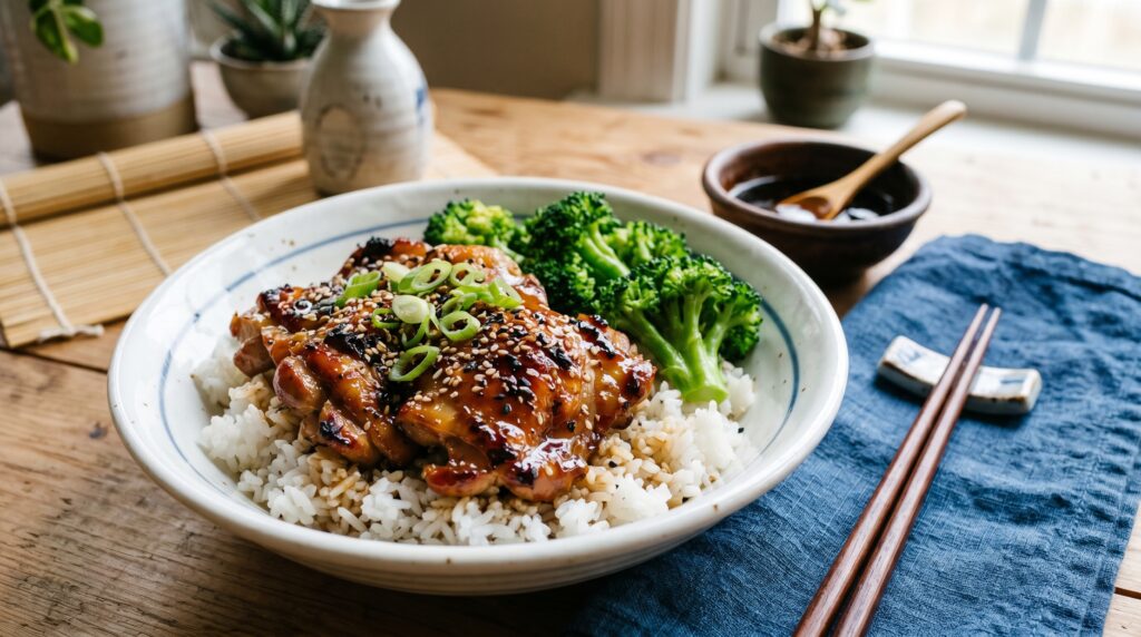 Glossy, caramelized teriyaki chicken in a wide white bowl over steamed jasmine rice