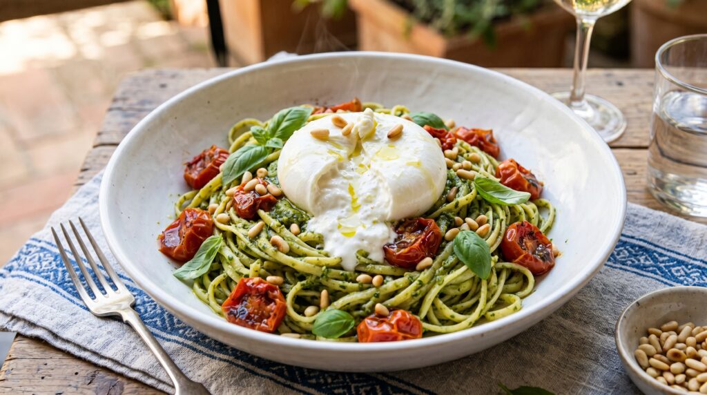 A spectacular pesto pasta with burrata in a wide white bowl