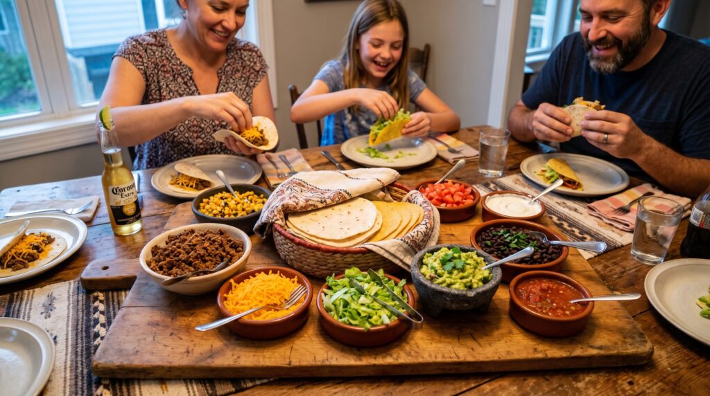 A colorful taco night spread on a large wooden board