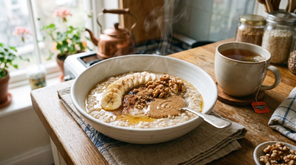 A beautiful, warming creamy porridge in a wide white bowl