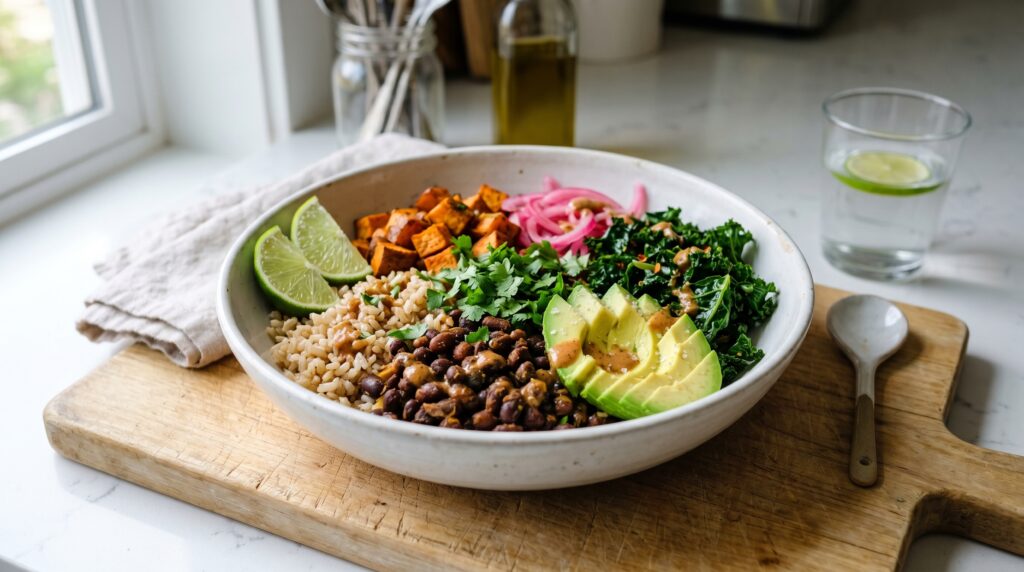 A hearty, nutritious brown rice and black bean bowl in a wide white bowl