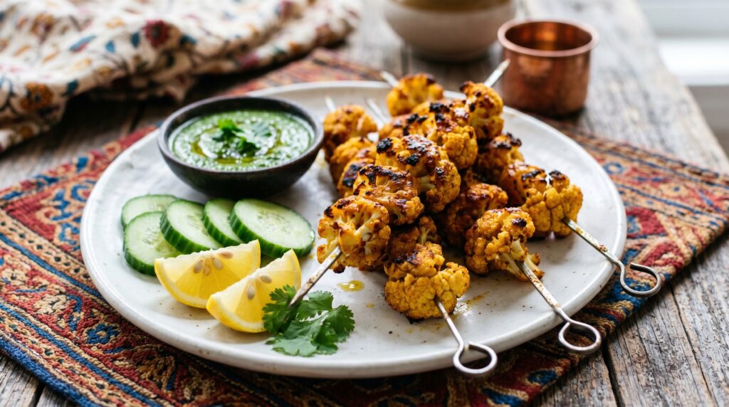 Beautiful cauliflower tikka skewers on a white plate
