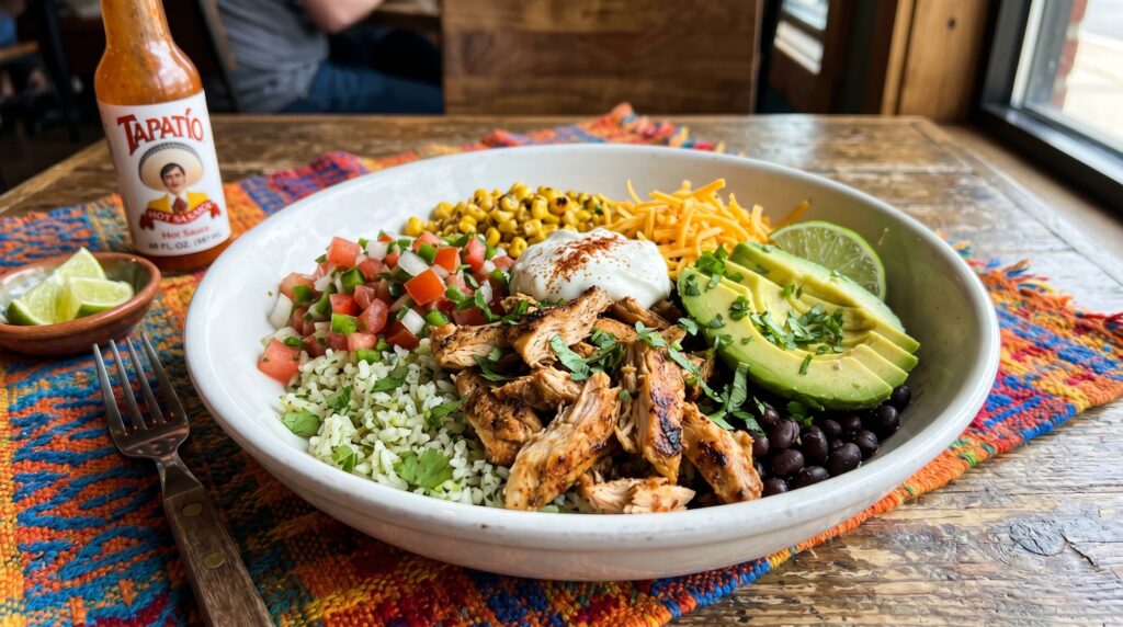 A vibrant, generous chicken burrito bowl in a wide white bowl