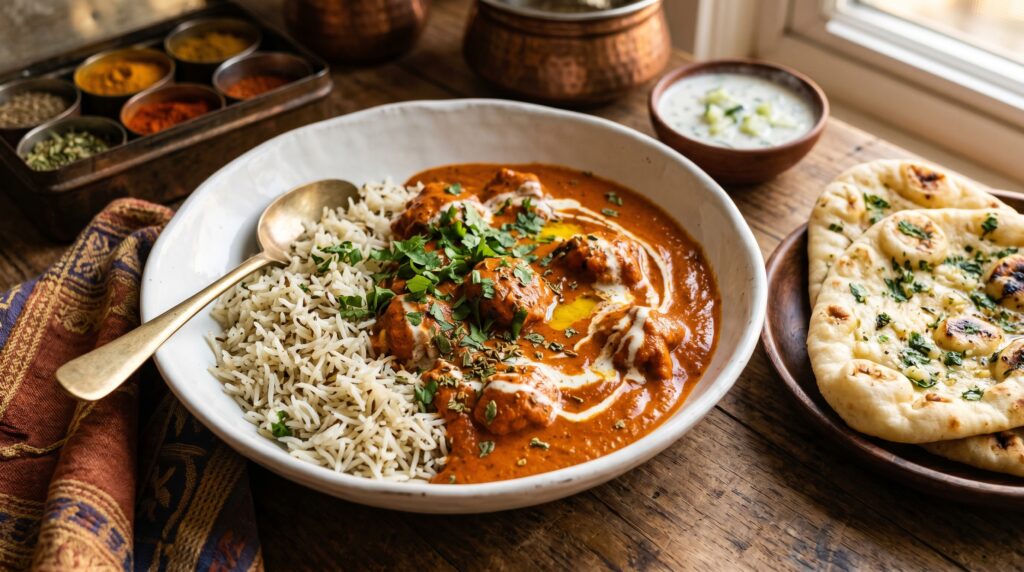 A luscious, vibrant quick butter chicken in a wide white bowl over fluffy basmati rice