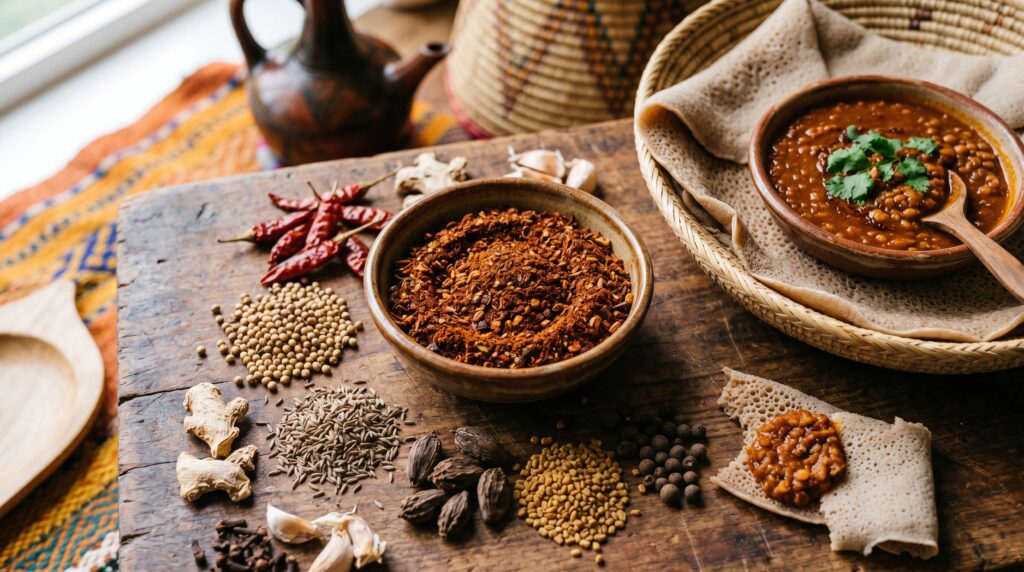 A deep, complex Ethiopian berbere spice blend in a small ceramic bowl on a warm surface