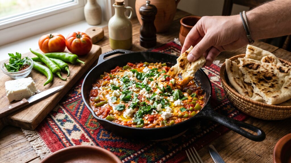 A vibrant, colorful Turkish menemen in a wide cast iron skillet