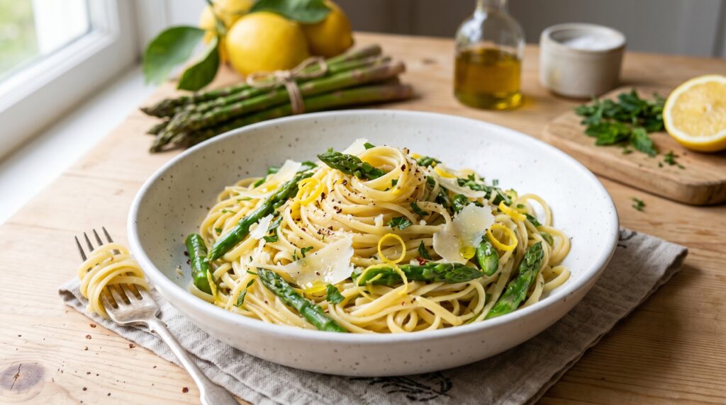 A bright, elegant lemon and asparagus pasta in a wide white bowl