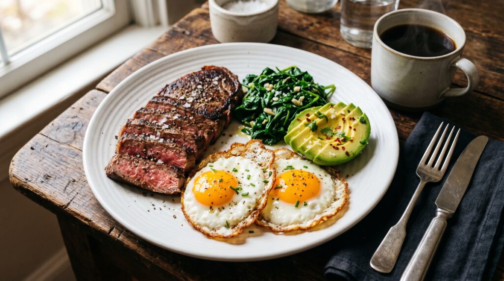 A bold, satisfying keto steak and egg breakfast on a wide white plate
