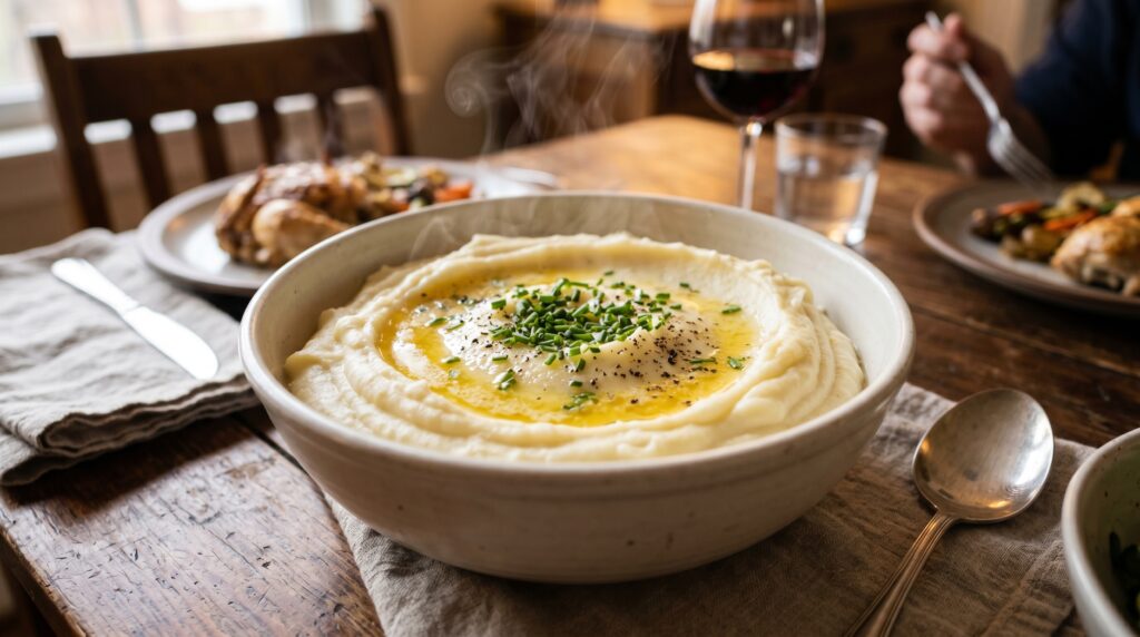 An extraordinary, silky creamy mashed potato in a wide white bowl