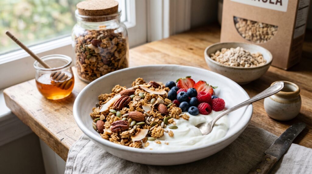 Golden, perfectly toasted homemade granola in a wide white bowl with full-fat Greek yogurt and fresh berries