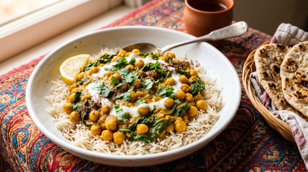 A vibrant, golden chickpea and spinach curry in a wide white bowl over basmati rice