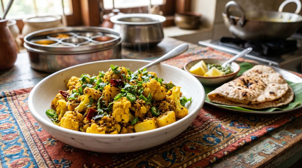 A vibrant, aromatic aloo gobi in a wide white bowl