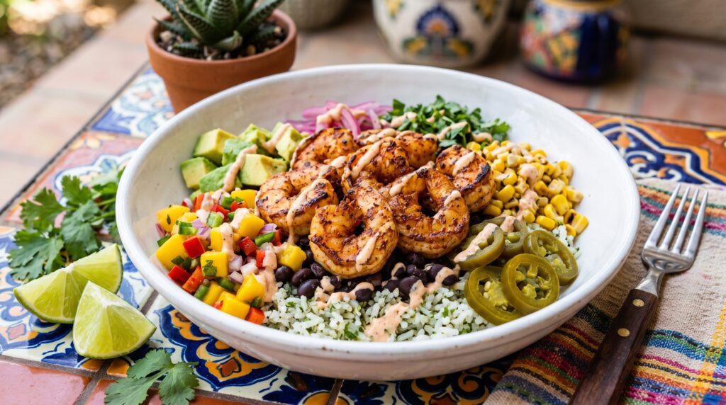 A bold, colorful chipotle shrimp bowl in a wide white bowl