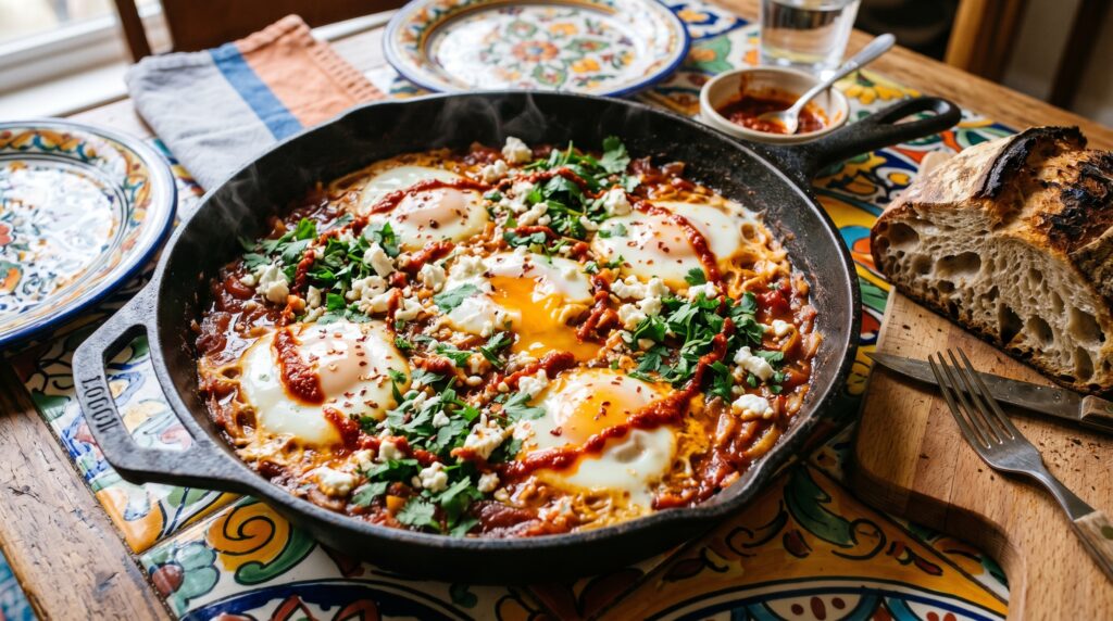 A dramatic, vibrant one-pan shakshuka in a wide cast iron skillet