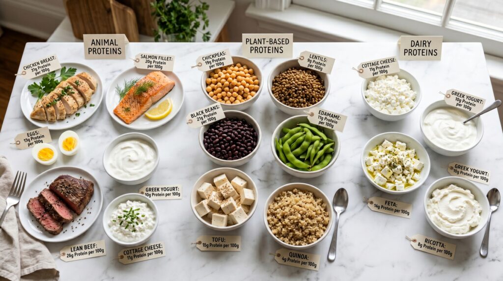 A clean, organized educational flat-lay on a white marble surface showing the major protein sources grouped by category