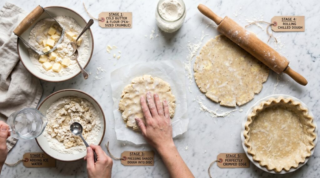 A beautiful technique flat-lay on a white marble surface showing the key stages of perfect pie pastry