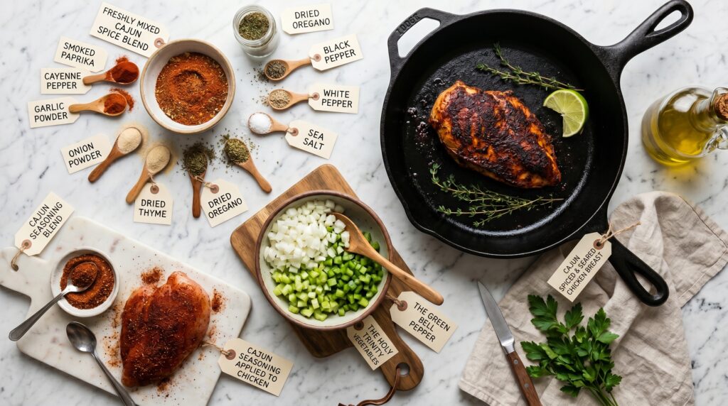 A beautiful, organized flat-lay on a white marble surface showing the essential Cajun chicken pasta components