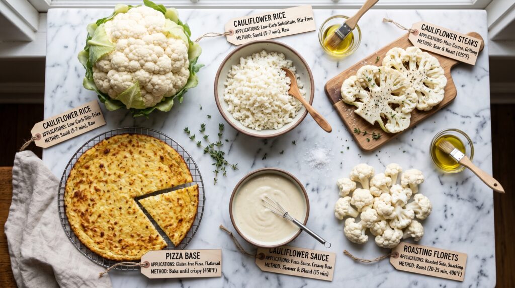 A clean, educational flat-lay on a white marble surface showing the remarkable versatility of cauliflower