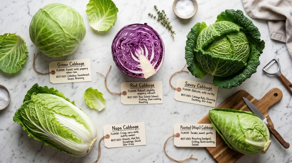 A clean, educational flat-lay on a white marble surface showing the different cabbage varieties and their best applications