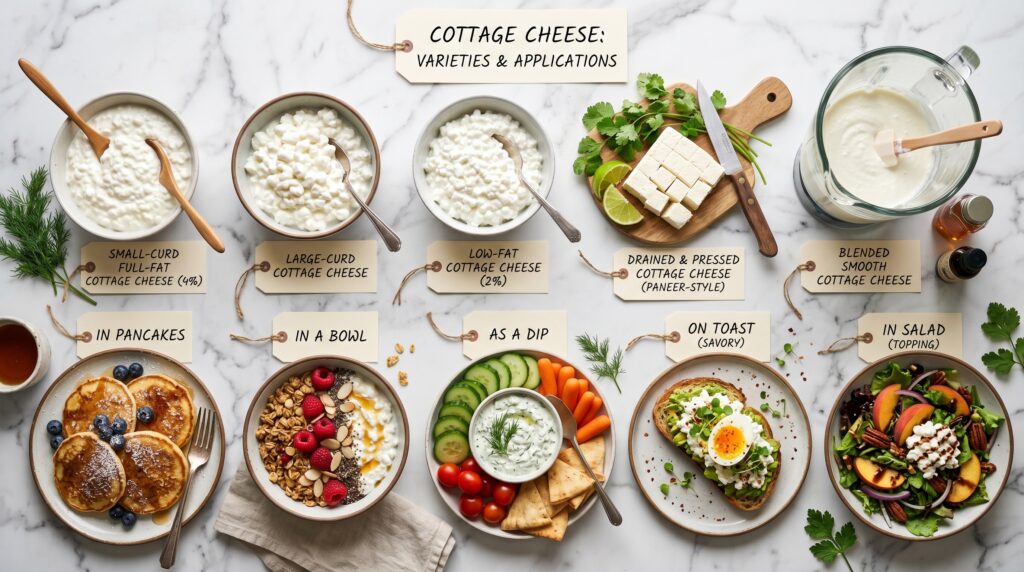 A clean, organized educational flat-lay on a white marble surface showing the key cottage cheese varieties and their applications