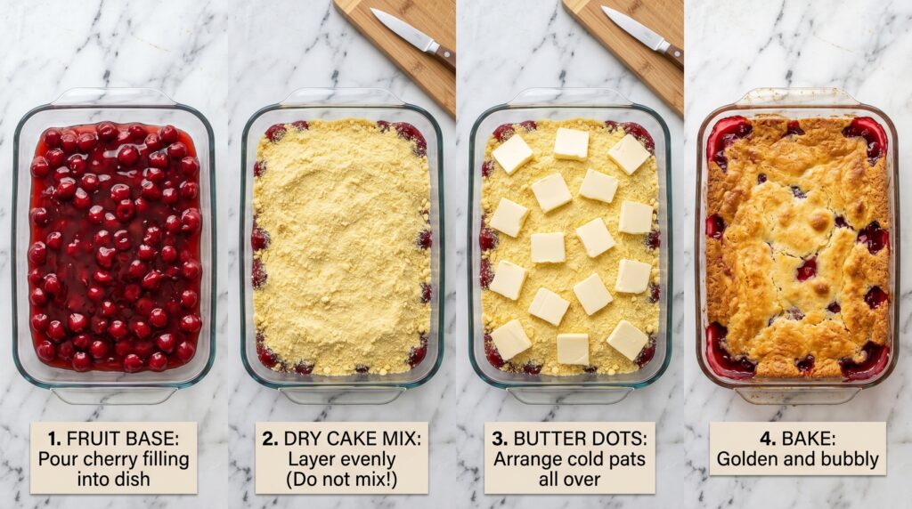 A clean, educational step-by-step flat-lay on a white marble surface showing the four-stage dump cake method