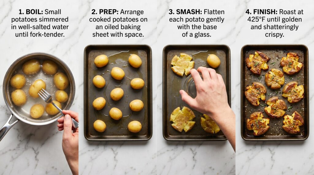 A clean, educational step-by-step flat-lay on a white marble surface showing the four stages of perfect smashed potatoes
